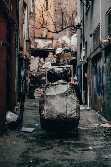 A narrow urban alleyway filled with overflowing piles of rubbish, including large black trash bags, cardboard boxes, and discarded items stacked against the back wall. The ground is littered with debris and dirt, with dark, damp patches visible on the asphalt. On the left side, part of a rusted metal fence and a small, fallen wheelie bin are visible, while the right side shows a building with graffiti-covered walls and metal window grilles. In the background, bare tree branches extend over the scene, which is dimly lit by natural light, casting an overall dull and cluttered atmosphere. The image appears to relate to private rubbish collection services, with Rubbish Collection Camden providing alternative waste management solutions for residents dealing with large or awkward waste items near residential or service access points.